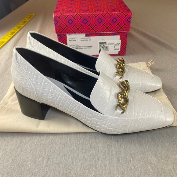 Tory Burch Jessa Heeled Loafer Croc Embossed Leather Loafer 8 Gardenia - Picture 7 of 13